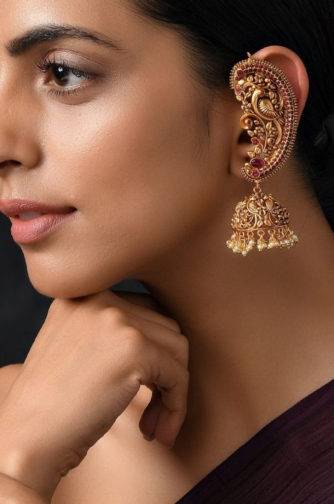 Red Kundan Earcuff Earrings With Pearls | Ajnaa Jewels