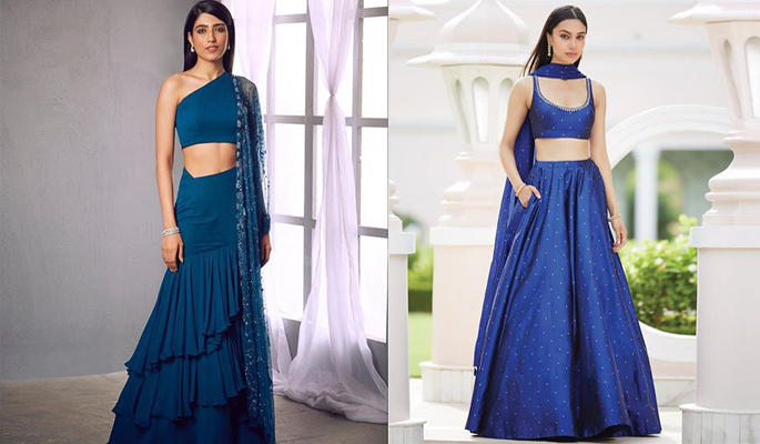 Navy Blue Lehenga with One Shoulder Blouse - Suruchi Parakh - East Boutique  | Navy blue lehenga, Blue lehenga, Blue blouse designs