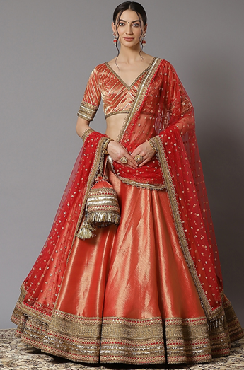 Red Tomato Red Bridal Lehenga by HER CLOSET for rent online | FLYROBE